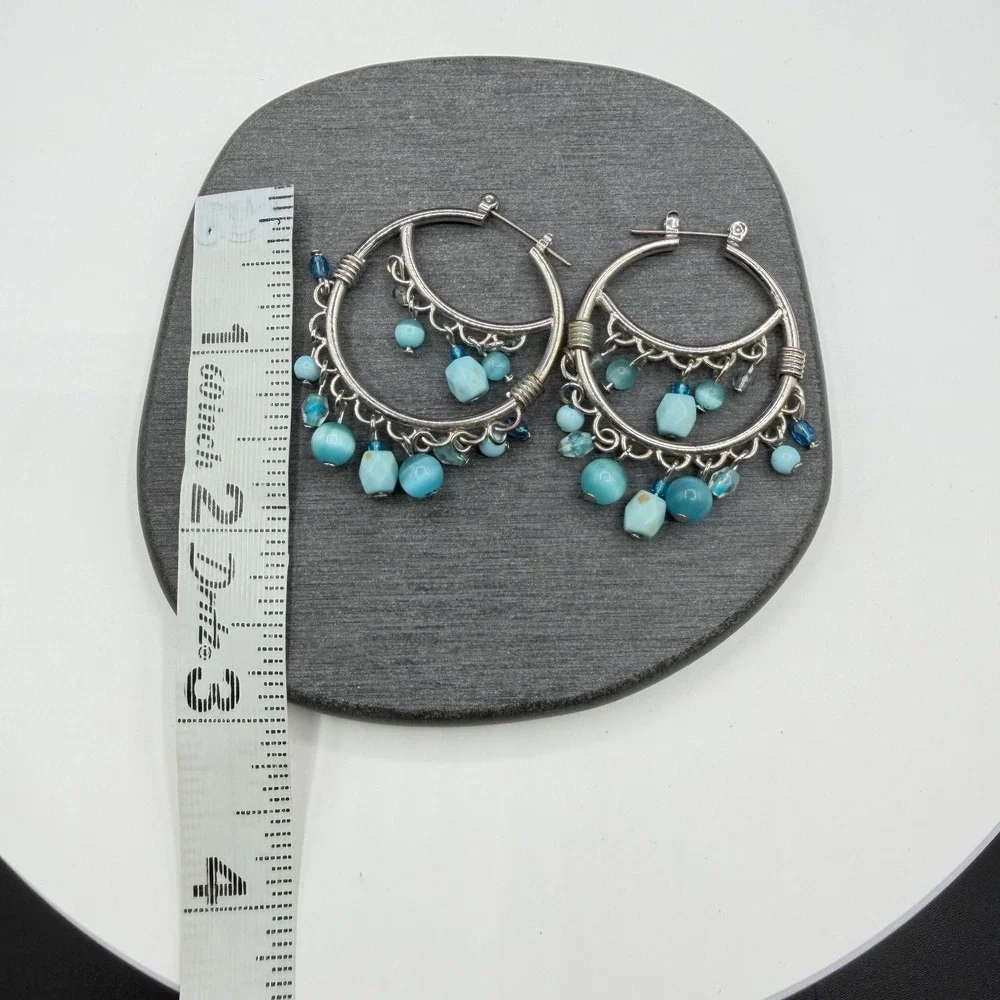 Silver Tone Turquoise Blue Beaded Chandelier Hoop Earrings Boho Statement Gift